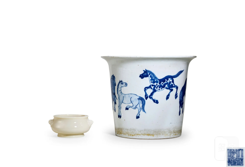 清 青花骏马图花盆、德化白釉兽耳炉